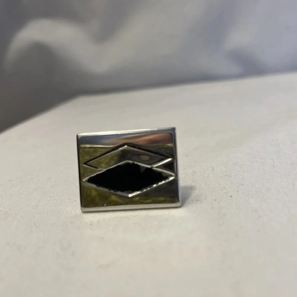 Vintage Swank Tie Tack Pin Cuff Links Silver Tone Black Accent Bullet Backing